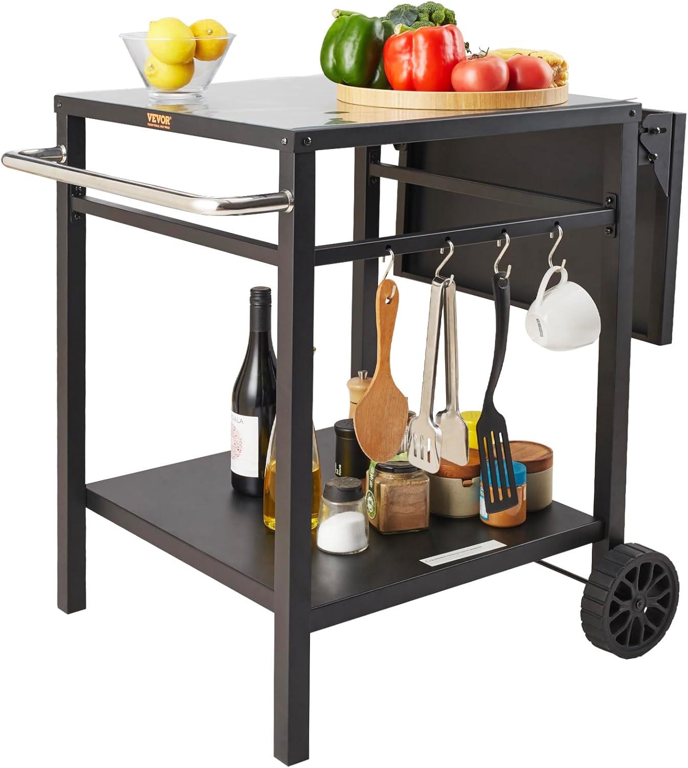 Black Iron Double-Shelf Outdoor Grill Dining Cart with Wheels