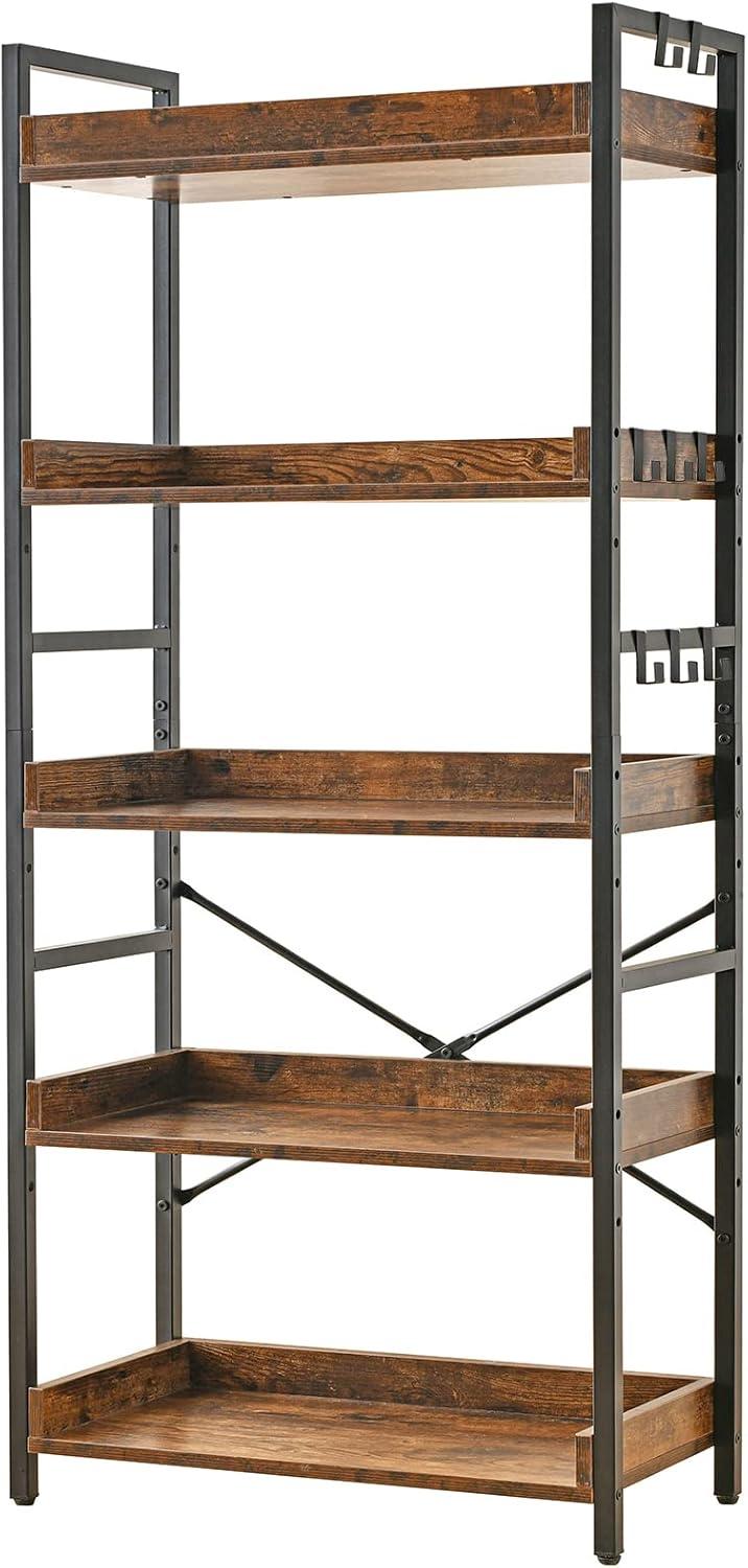 Adjustable Black Metal and Wood 5-Tier Bookshelf