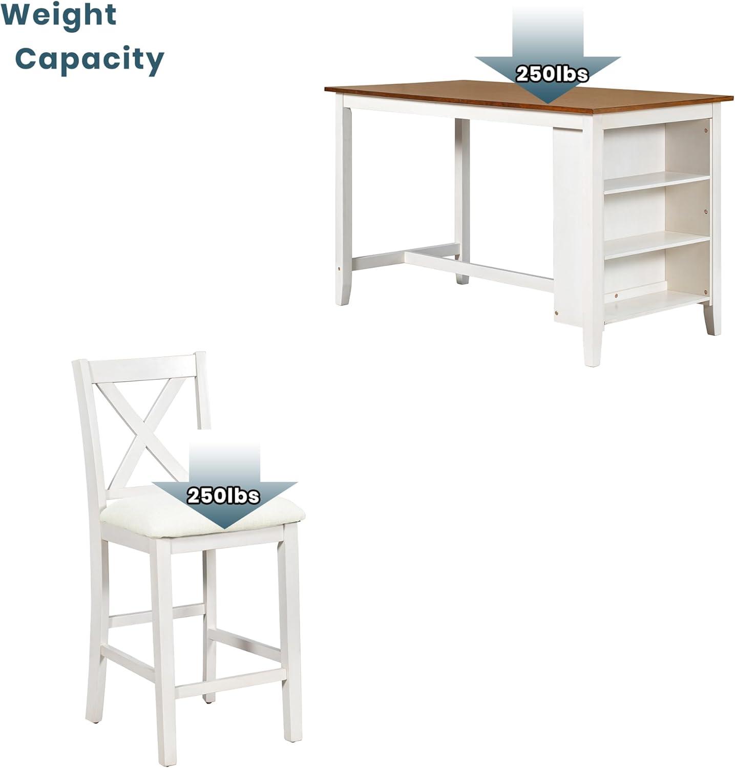 5 Pieces Counter Height Wooden Bar Table Set with 3-Tier Shelf and 4 Chairs, Rustic Farmhouse Dining Table Set for 4, White