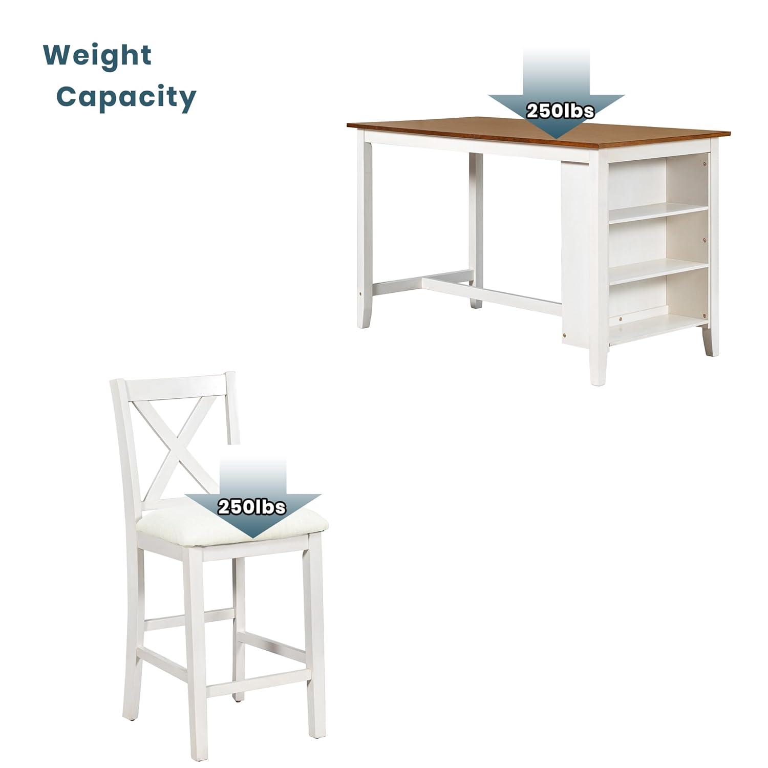 5 Pieces Counter Height Wooden Bar Table Set with 3-Tier Shelf and 4 Chairs, Rustic Farmhouse Dining Table Set for 4, White