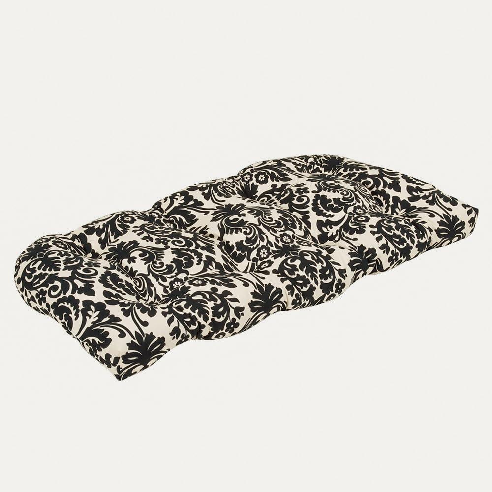 Elegant Black/Beige Damask Wicker Loveseat Cushion, 44" x 19"
