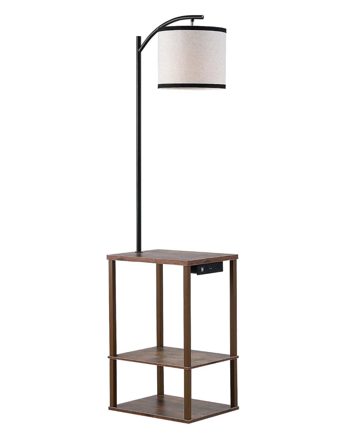 SUNMORY Floor Lamp with Table, Lamps for Living Room with USB Port, Attached End Table with Shelves, Brown