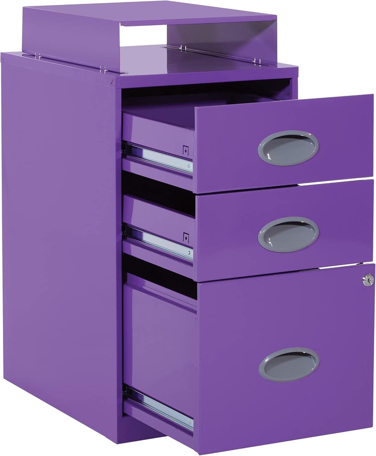OSP Home Furnishings 3-Drawer Locking Metal File Cabinet, Purple