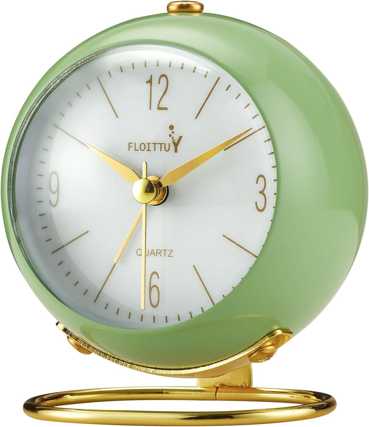 Green and Gold Silent Analog Alarm Clock with Metal Base