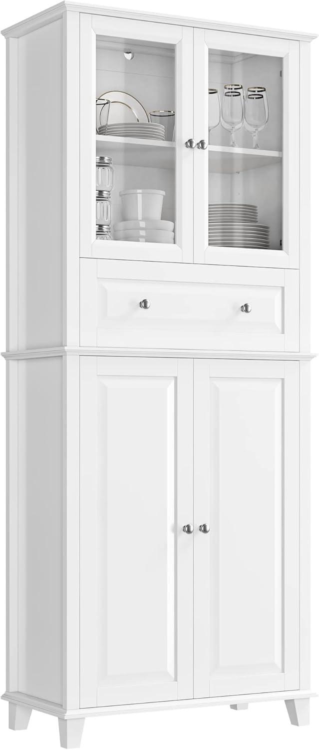 76'' White Freestanding Kitchen Pantry Cabinet with Glass Doors