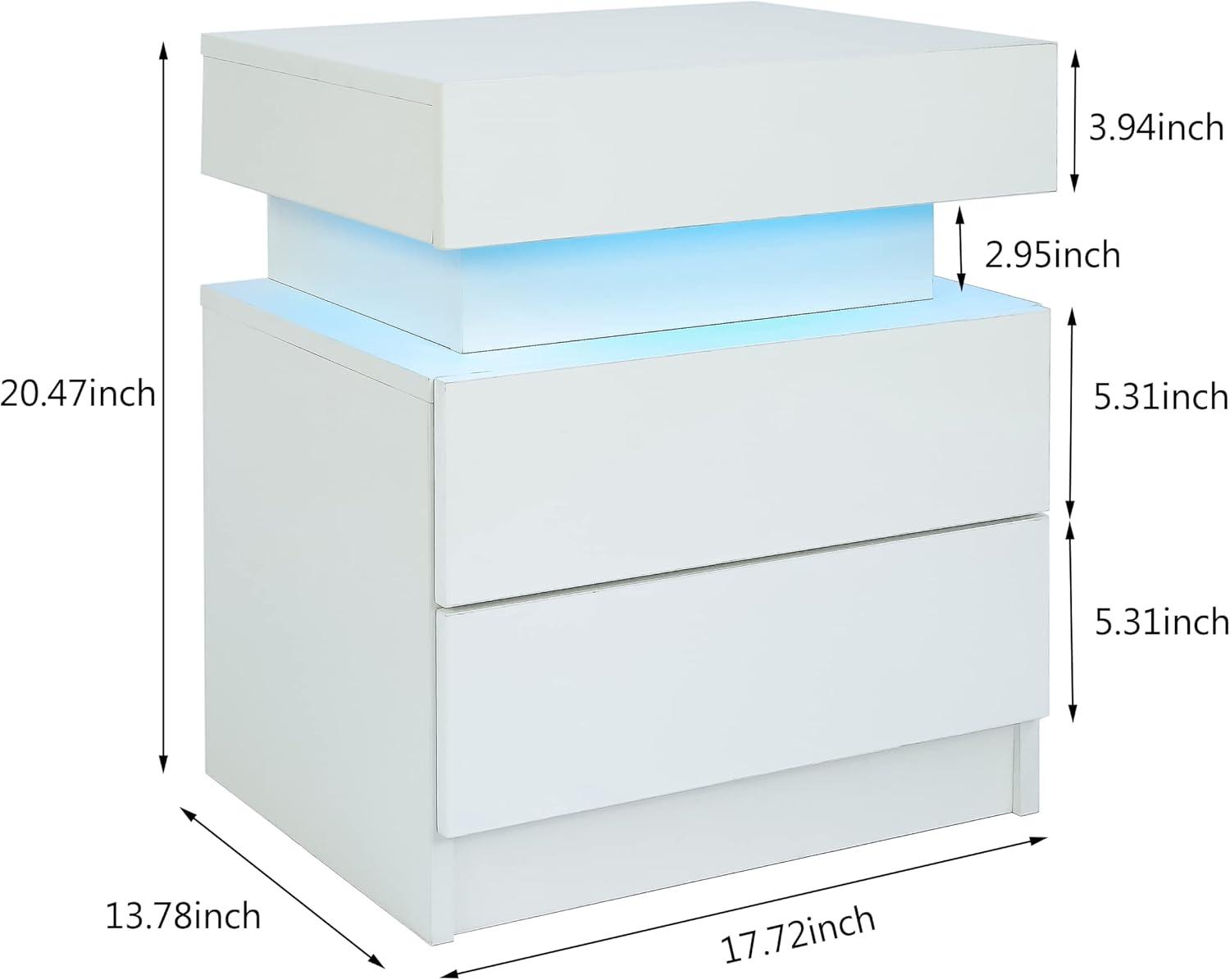 Litake LED Nightstand Modern Nightstand With Led Lights Wood Led Bedside Table Particle Board LED Nightstand With 2 High Gloss Drawers For Bedroom