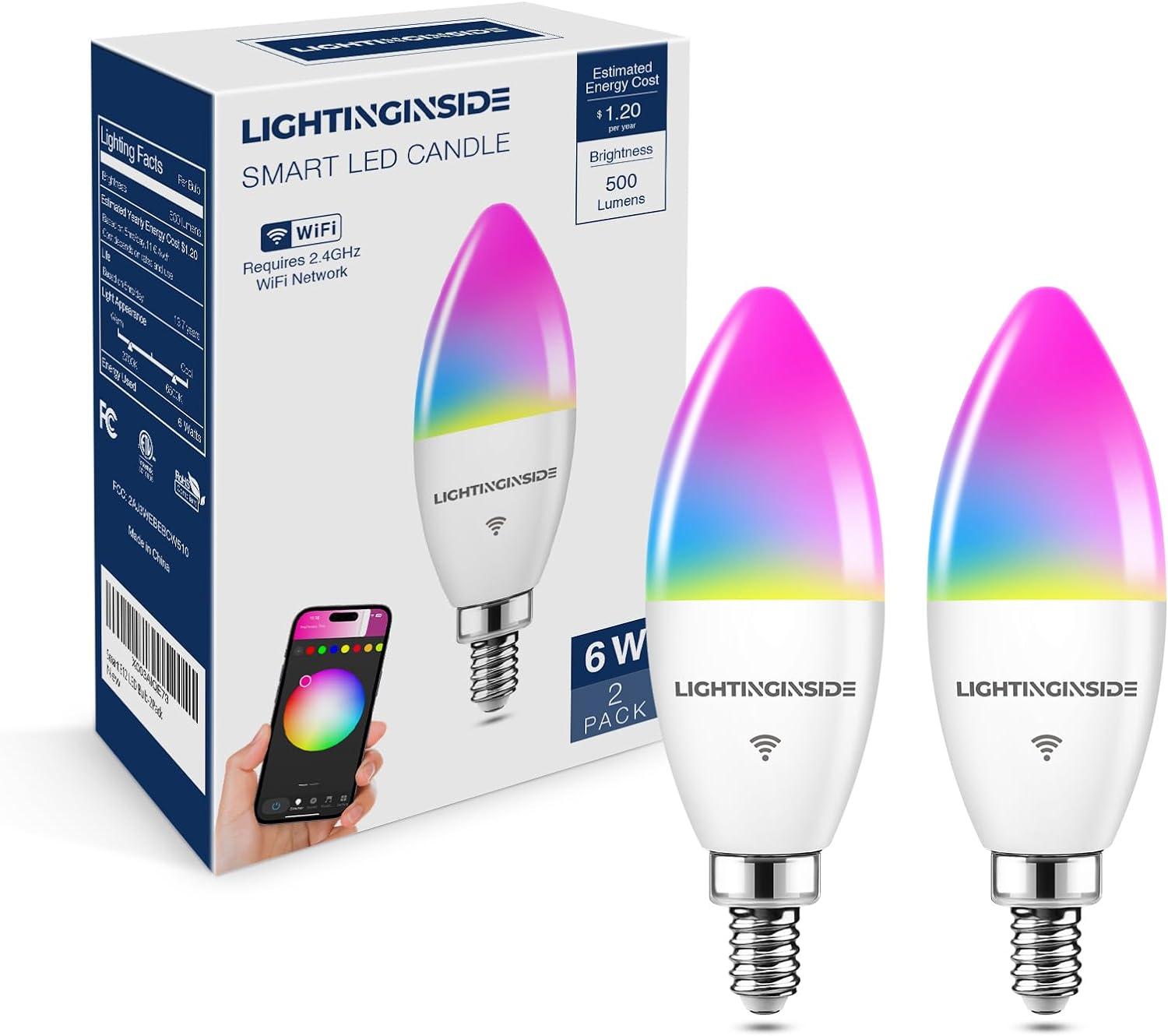 Candelabra Smart Light Bulbs 60W Equivalent, 500LM 6W E12 LED Bulb Compatible with Alexa/Google Home, RGBCW Candle Bulb for Chandelier, No Hub Required, 2.4G WiFi Only, ETL Listed, 1PC