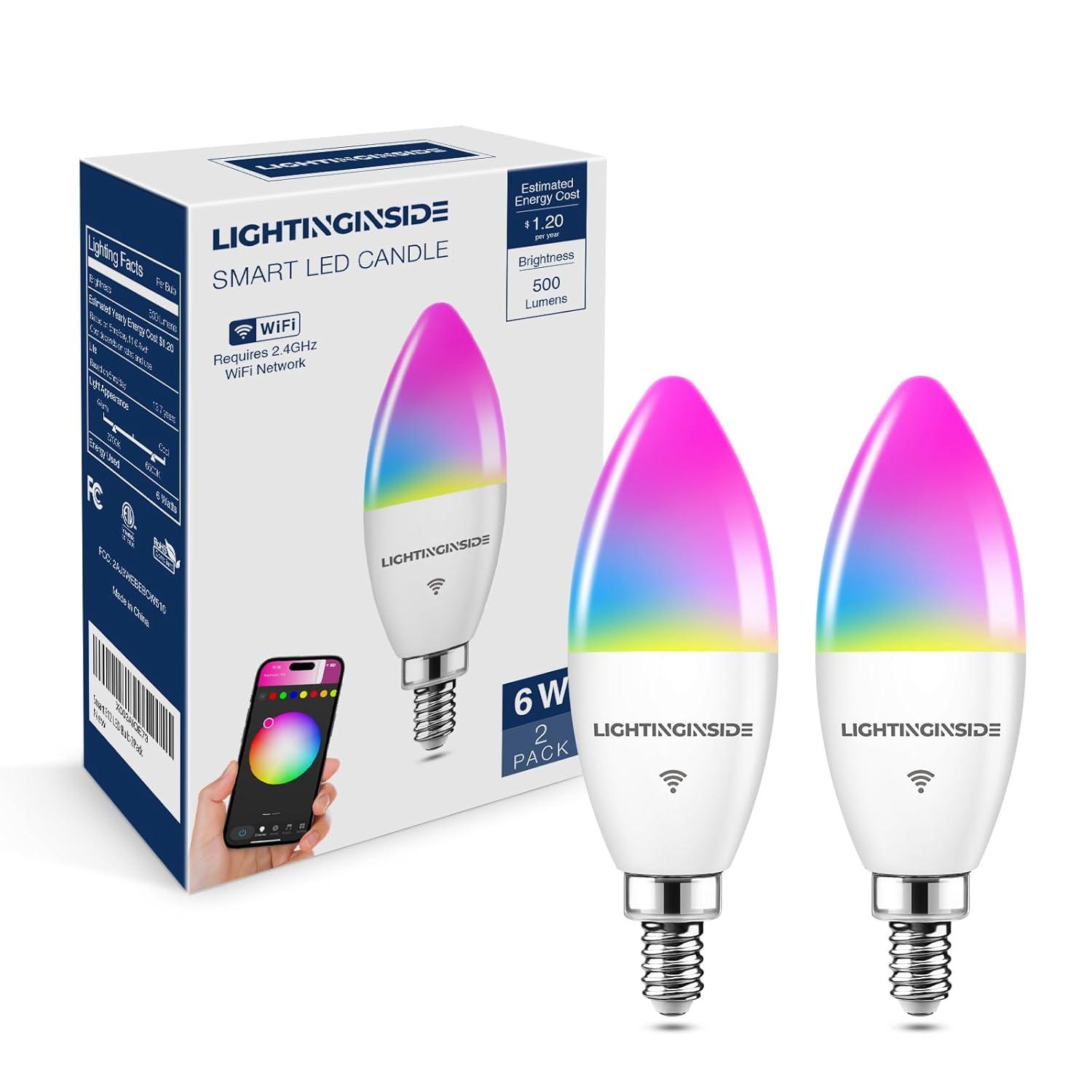 Candelabra Smart Light Bulbs 60W Equivalent, 500LM 6W E12 LED Bulb Compatible with Alexa/Google Home, RGBCW Candle Bulb for Chandelier, No Hub Required, 2.4G WiFi Only, ETL Listed, 1PC
