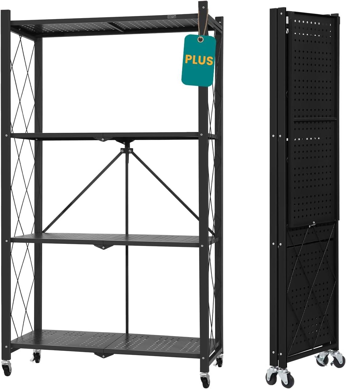 3-Tier Storage Shelves with Wheels, Folding Bookshelf No Assembly, Metal Display Shelf for Balcony, Kitchen, Basement, Pantry, White