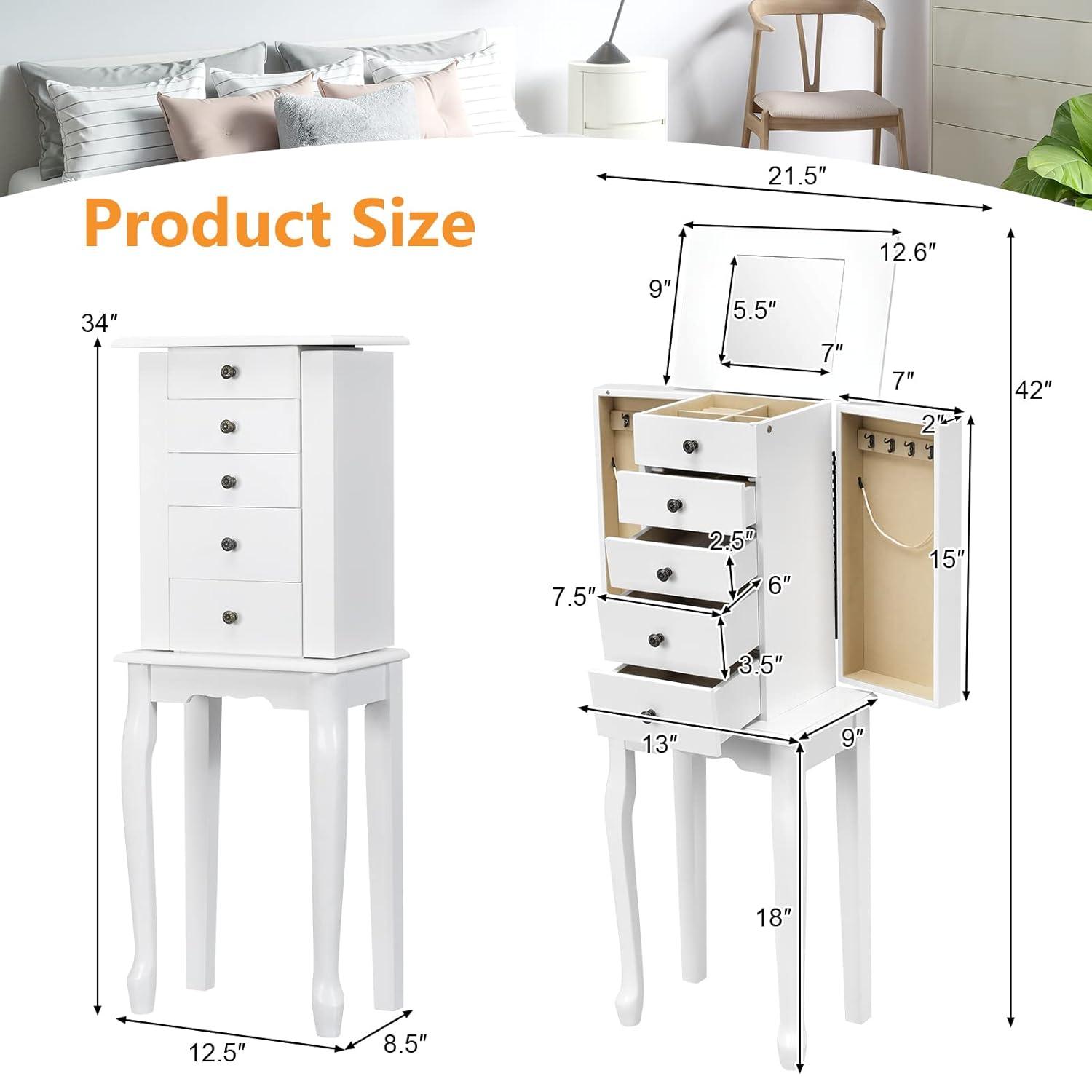 Standing Jewelry Cabinet Armoire with Top Flip Mirror, Jewelry Box Chest with 4 Drawers, Top Compartments, 8 Necklace Hooks and 2 Side Doors, White