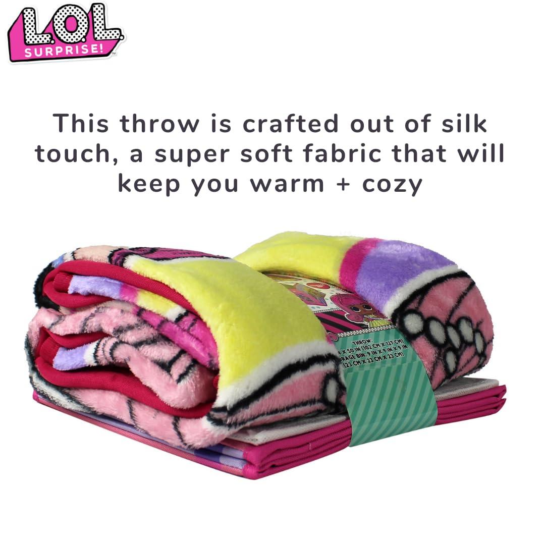 LOL Surprise Kids Plush Throw and Canvas Storage Cube Bin, 2Pc Set, Pink and Purple, MGA
