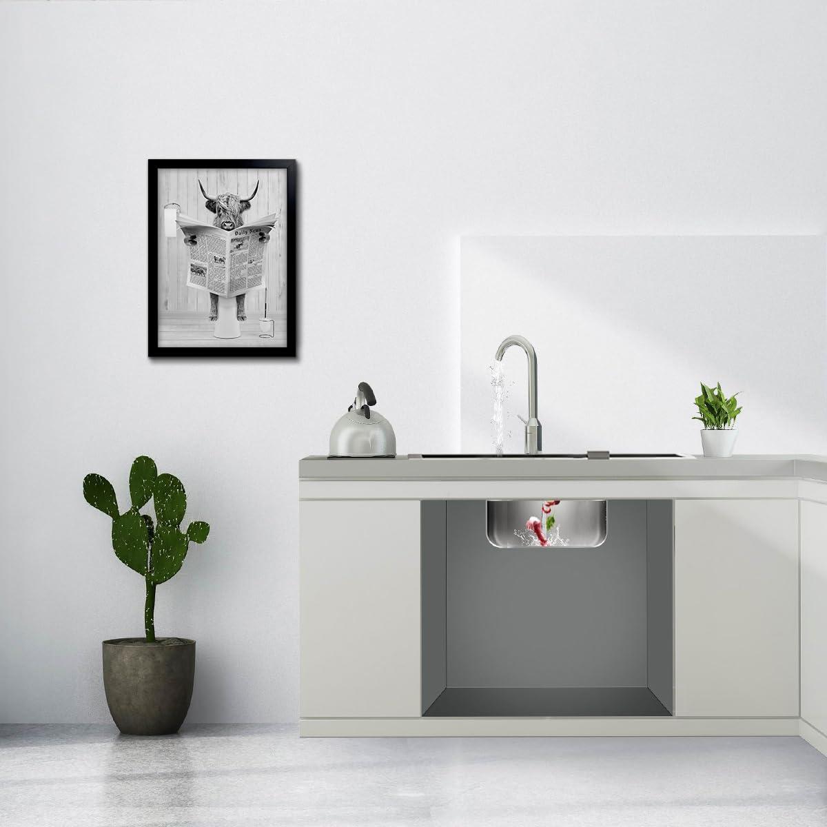 Modern Black Framed Highland Cow Wall Art Minimalist Bathroom Wall Decor Cute Funny Animals Artwork Canvas Prints Ready to Hang for Guest Bathroom, Hotel, Condo, Kids Bathroom, 12”x16”