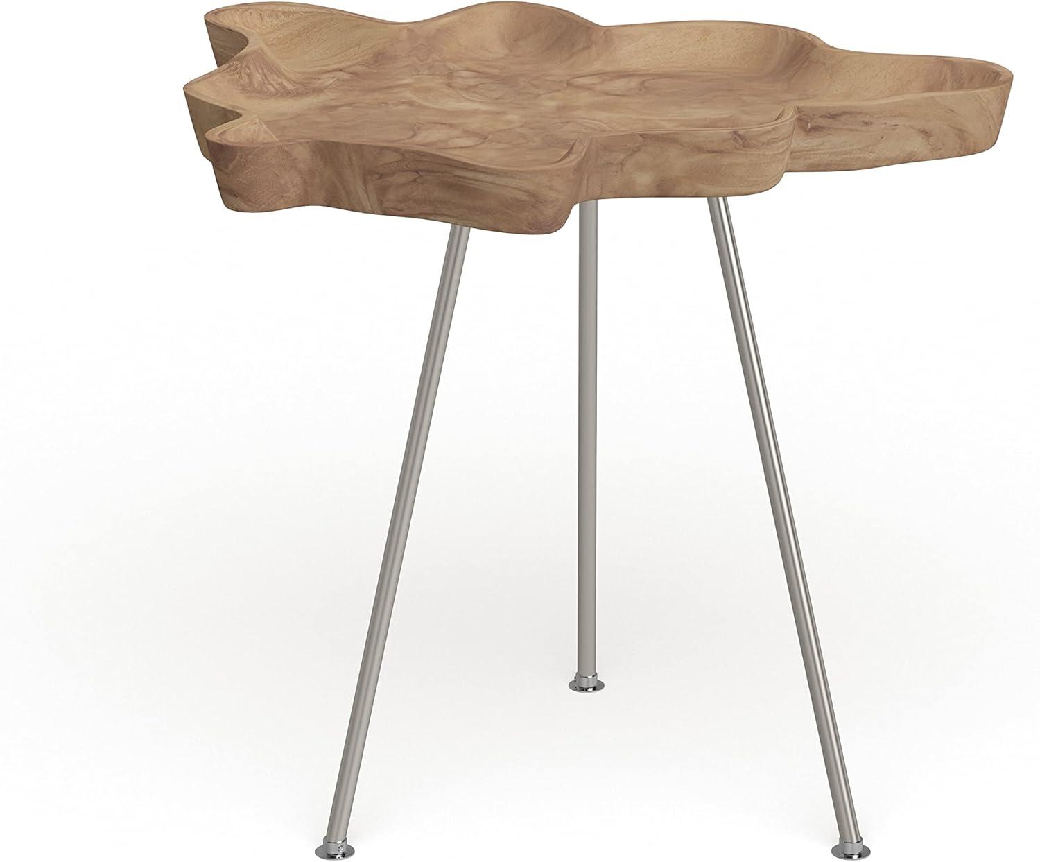 DecMode 27" x 22" Brown Teak Wood Live Edge Top Accent Table with Silver Metal Tripod Legs, 1-Piece
