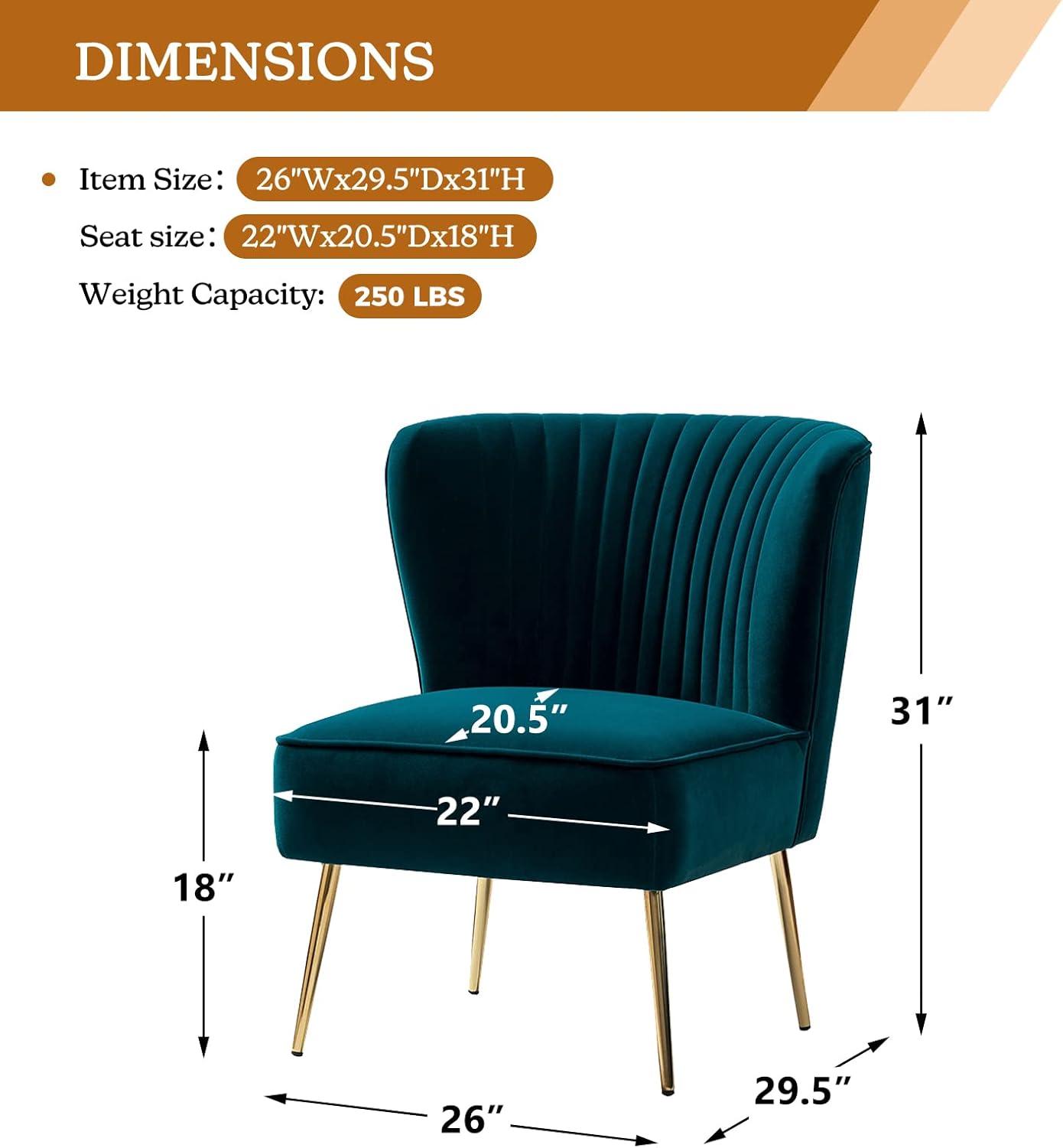 Velvet Upholstered Side Chair Armless Tufted Wingback Metal Legs Dining Living Bedroom Adult Teal