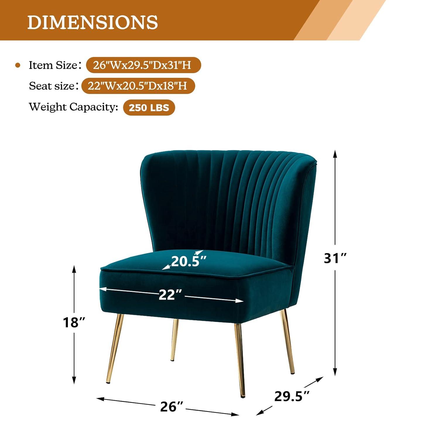 Velvet Upholstered Side Chair Armless Tufted Wingback Metal Legs Dining Living Bedroom Adult Teal