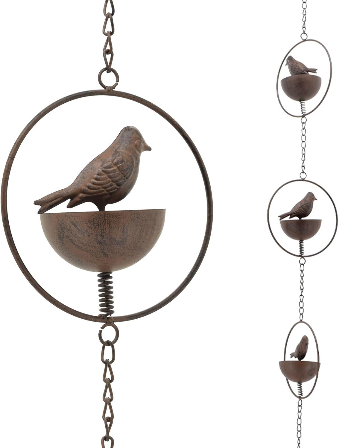 Bronze Perched Bird Metal Rain Chain with 7 Cups