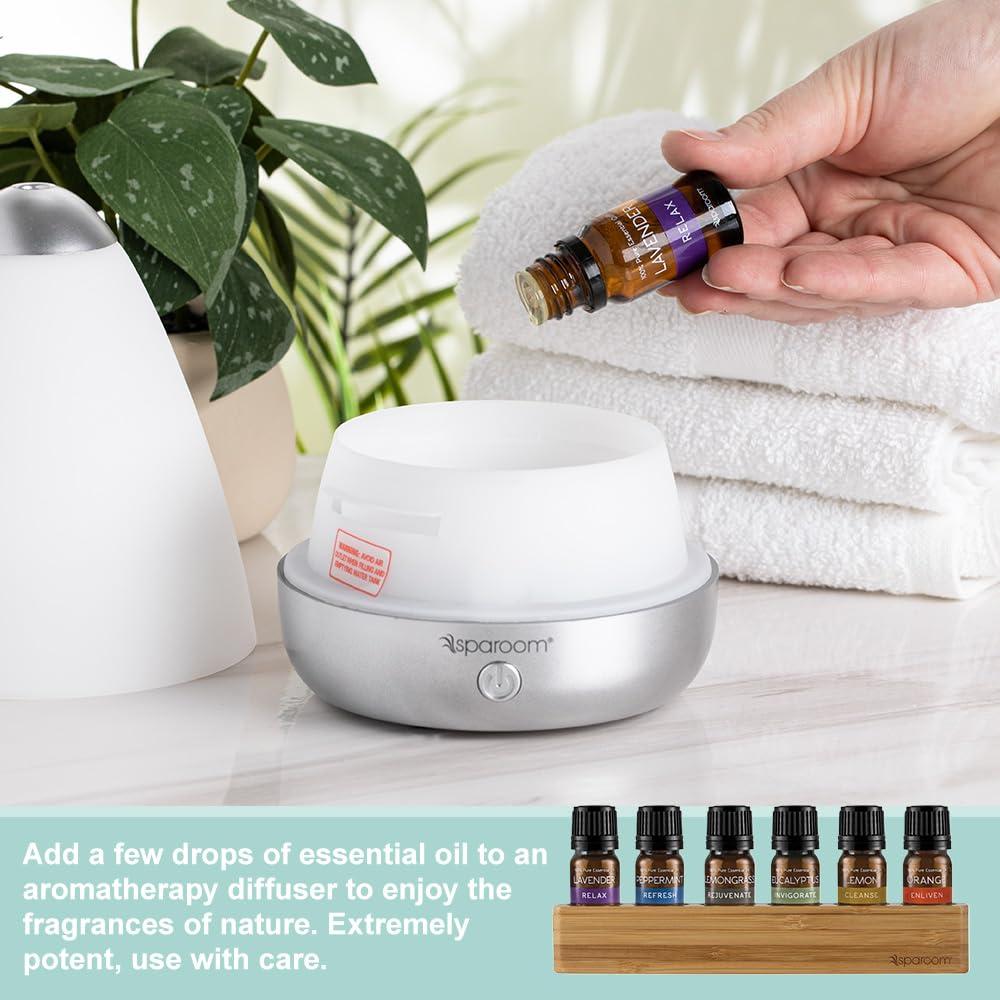 SpaRoom 100% Pure Essential Oils Set; Perfect for Aromatherapy, Diffusers, Humidifiers and Home Care, Spa Day Set of 6 with Bamboo Holder