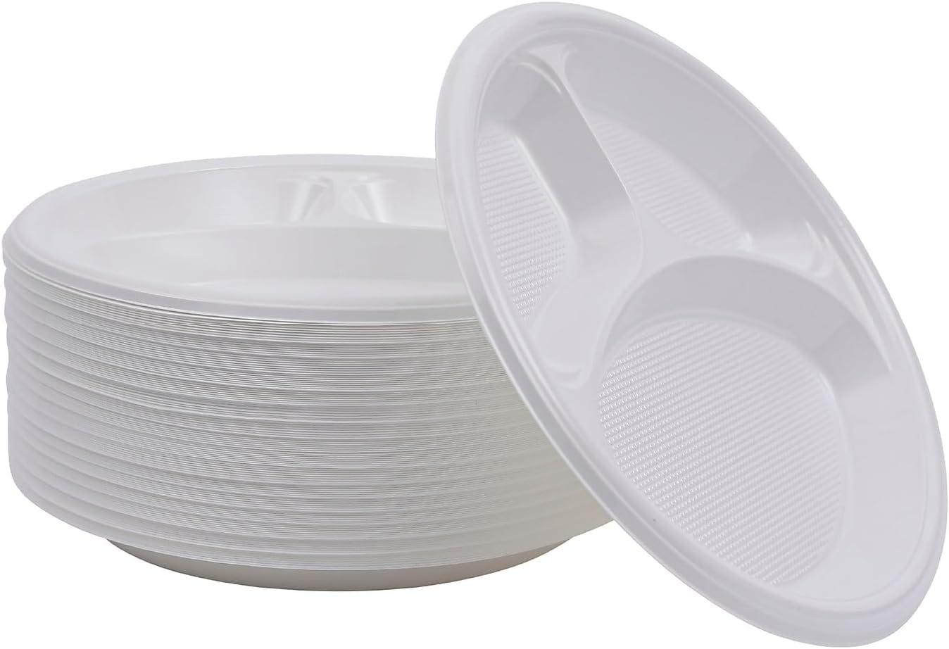 Boardwalk Hi-Impact Round Plastic Plate, 3-Compartment, 10" dia, White, 500/Carton