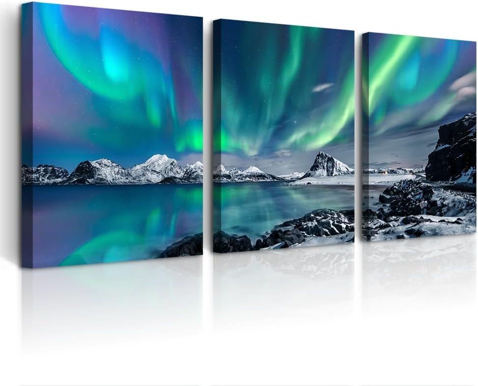 Farmhouse Canvas Wall Art For Bedroom Wall Decorations For Living Room Office Wall Decor Aurora Scenery Painting On Stretched And Framed Wall Pictures 3 Piece Ready To Hang For Bathroom Home Decor