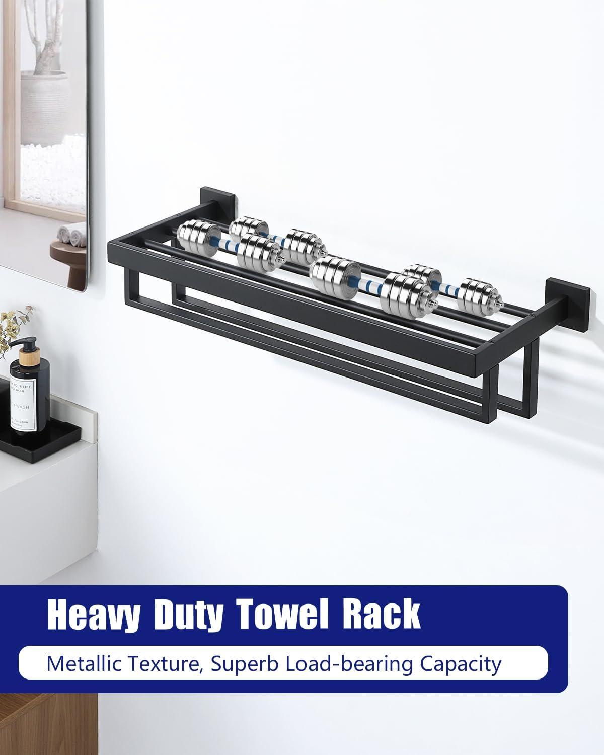 Alise Towel Rack with Double Towel Bar, 24 Inch Towel Racks for Bathroom, Modern Towel Holder for Bathroom Wall, SUS304 Stainless Steel Towel Shelf, Matte Black