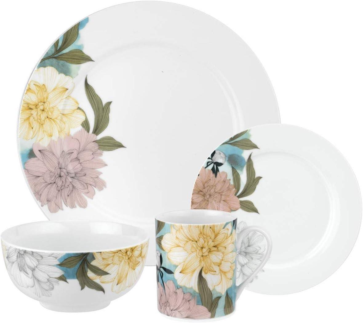 Spode Home Floral Sketches 16 Piece Dinnerware Set with Service for 4 - 10.5" Dinner Plate, 7.5" Salad Plate, 6" Cereal Bowl, 12 oz Mug