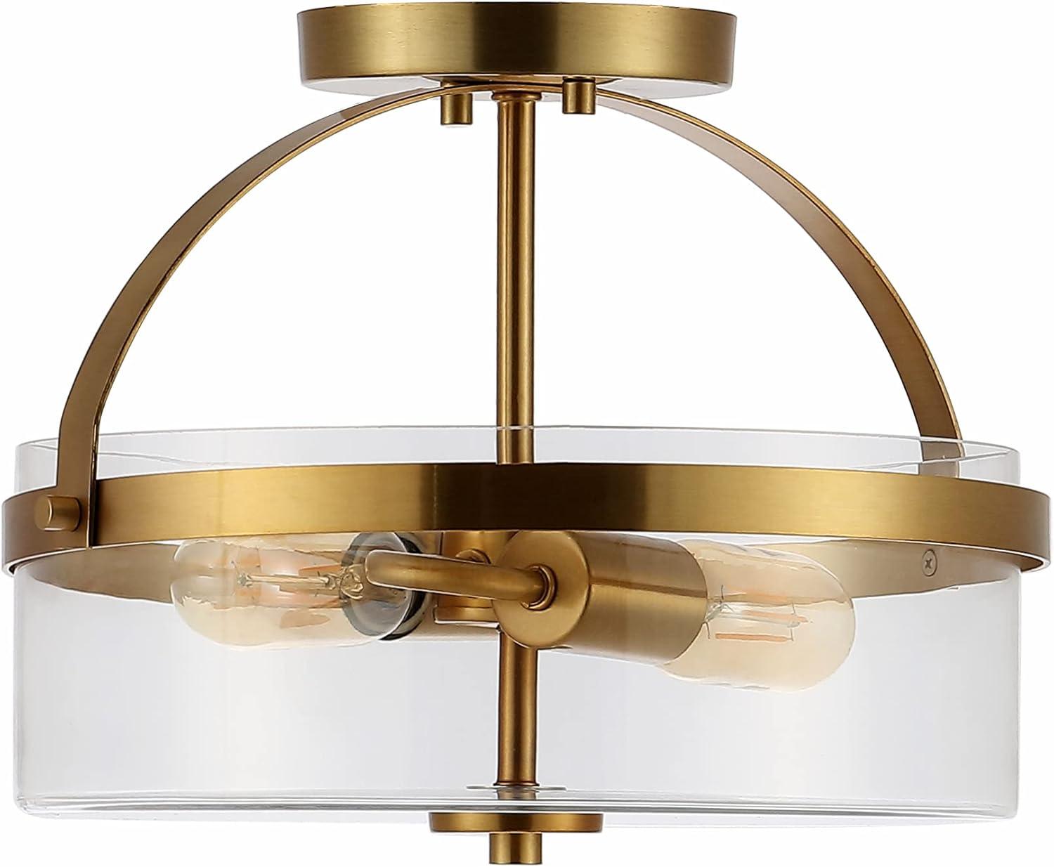 SAFAVIEH Nensor 13 in. Farmhouse 2-Light Brass Gold Metal Mount Light with Clear Shade