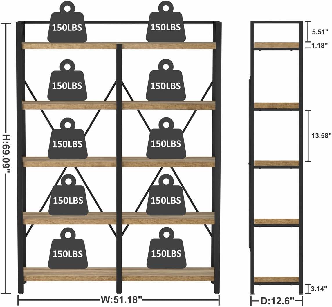 Rustic Oak and Black Industrial 5-Tier Bookshelf