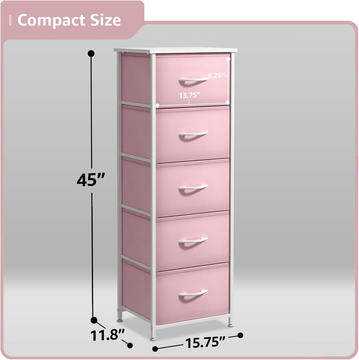 Sorbus Fabric Dresser for Kids Bedroom - Chest of 5 Drawers, Tall Storage Tower, Clothing Organizer, for Closet, for Playroom, for Nursery, Steel Frame, Fabric Bins - Wood Handle (Pink)