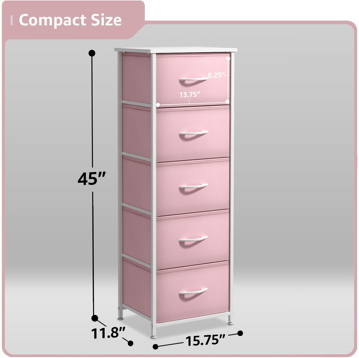 Sorbus Fabric Dresser for Kids Bedroom - Chest of 5 Drawers, Tall Storage Tower, Clothing Organizer, for Closet, for Playroom, for Nursery, Steel Frame, Fabric Bins - Wood Handle (Pink)