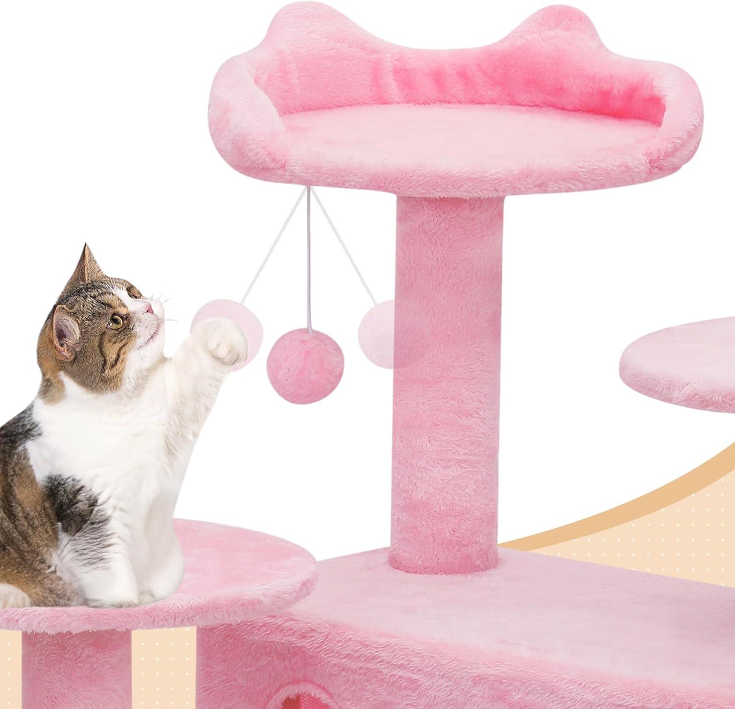 MoNiBloom Cat Tree House for Large Cats, Multi-Level Cat Tree Tower with Anti-Tipping Rope, Soft Pink