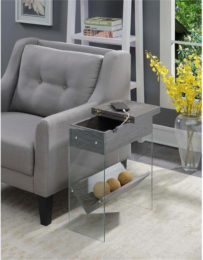 Convenience Concepts SoHo Flip Top Glass End Table with Charging Station and Shelf, Weathered Gray