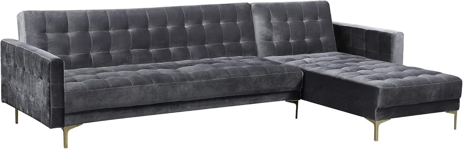 Luxurious Gray Velvet Tufted Sectional with Gold Metal Legs
