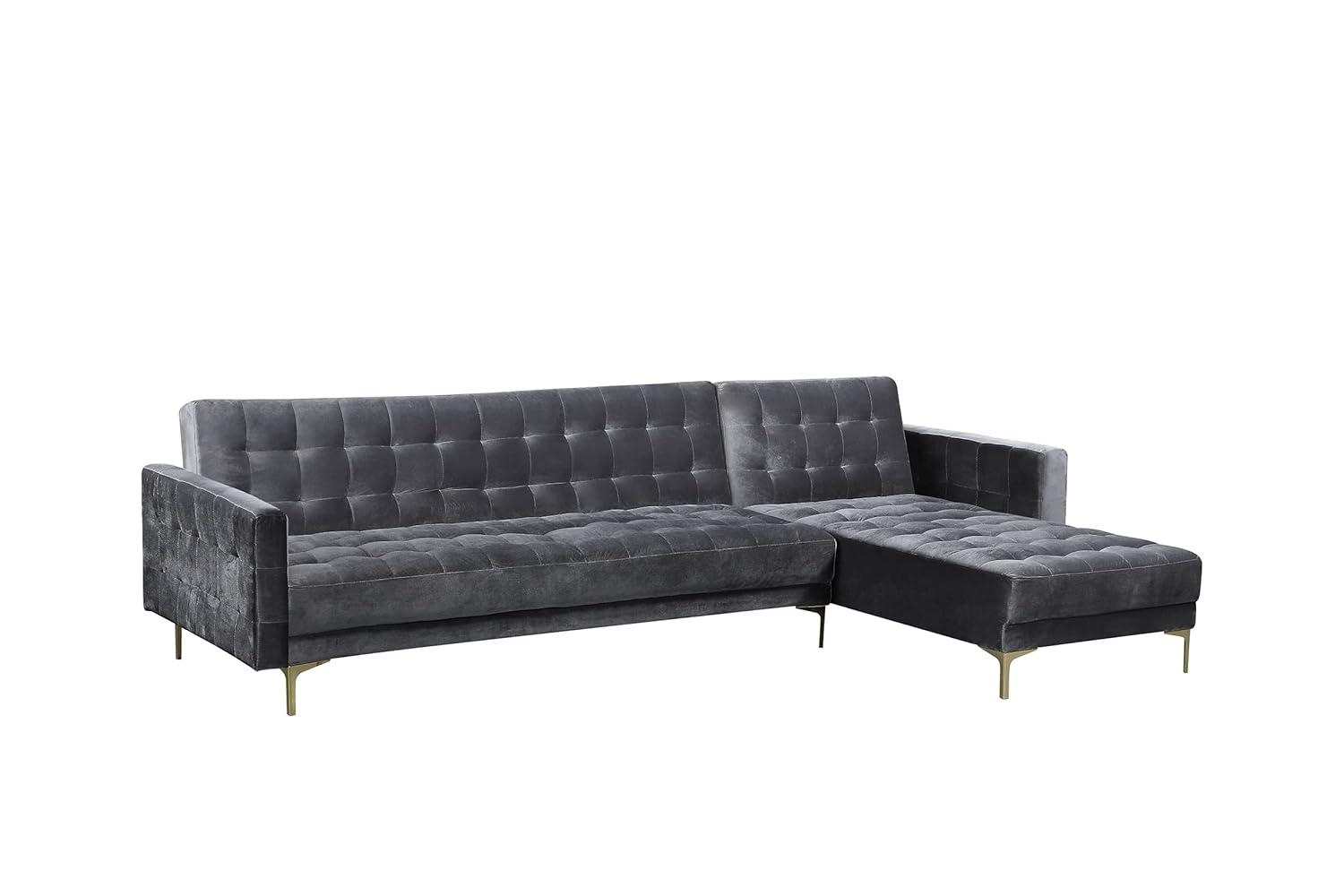 Luxurious Gray Velvet Tufted Sectional with Gold Metal Legs