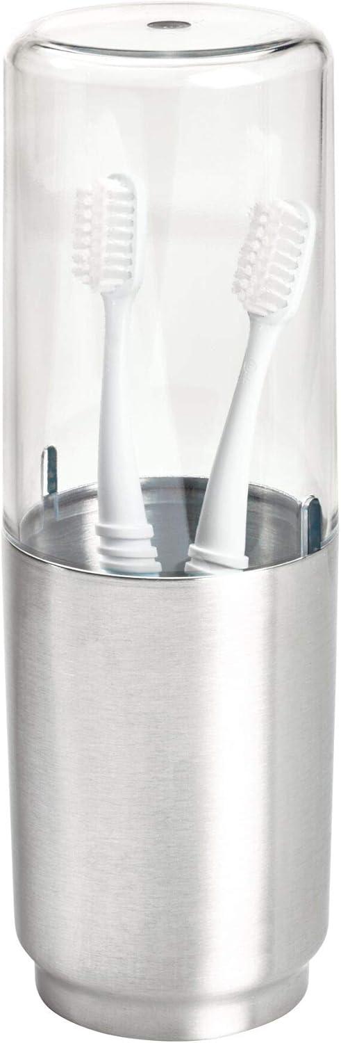 iDesign Austin Steel and BPA-Free Plastic Toothbrush Holder with Lid, Clear/Brushed Nickel