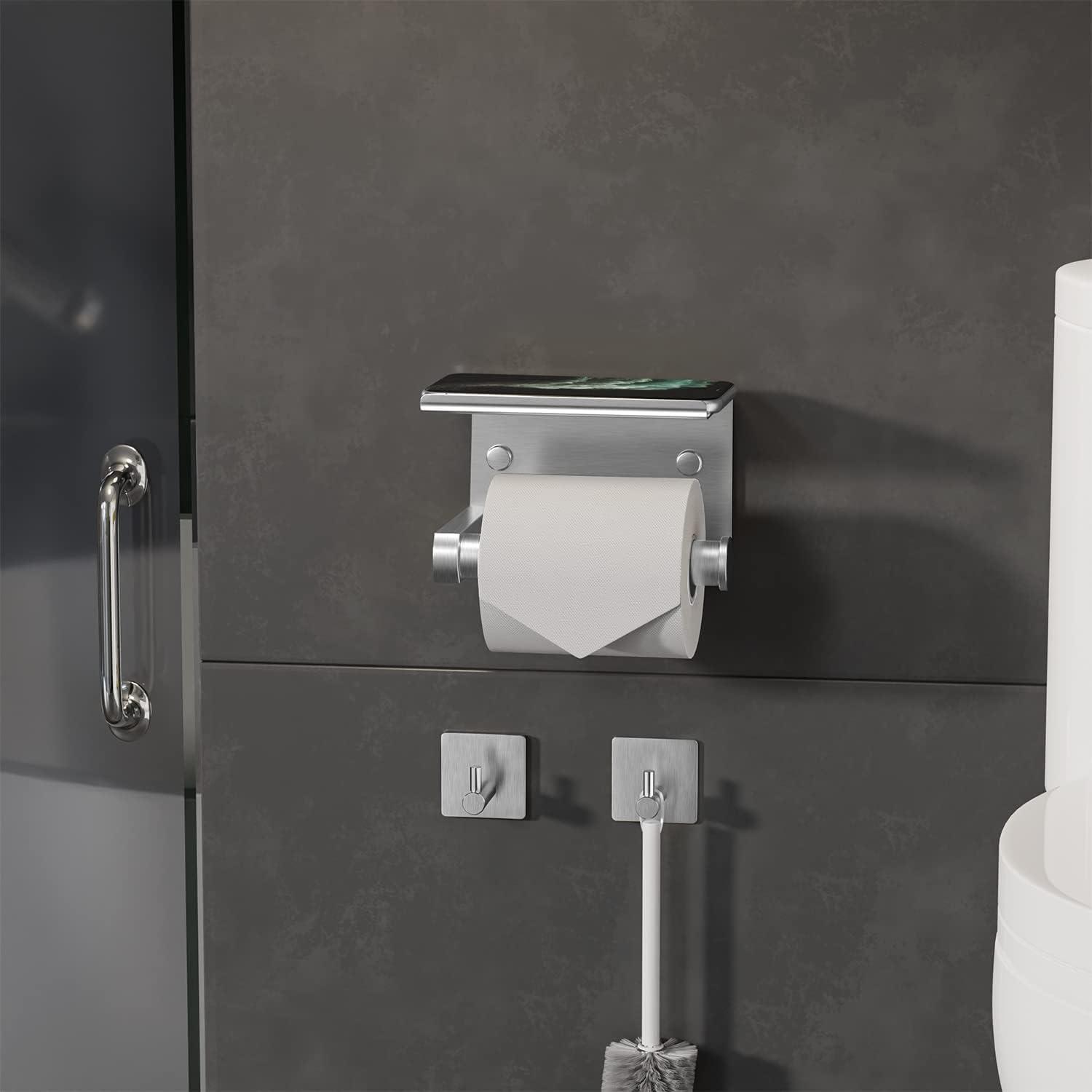 Toilet Paper Holder with Phone Shelf and Towel Robe Hooks