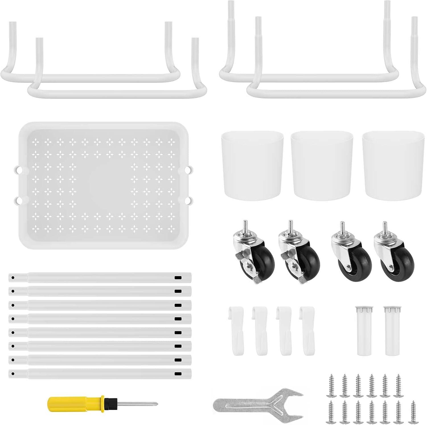 3-Tier Metal Rolling Cart Utility Cart Storage Cart with Lockable Wheels, 3 Hanging Cups & 4 Hooks for Office, Kitchen, White