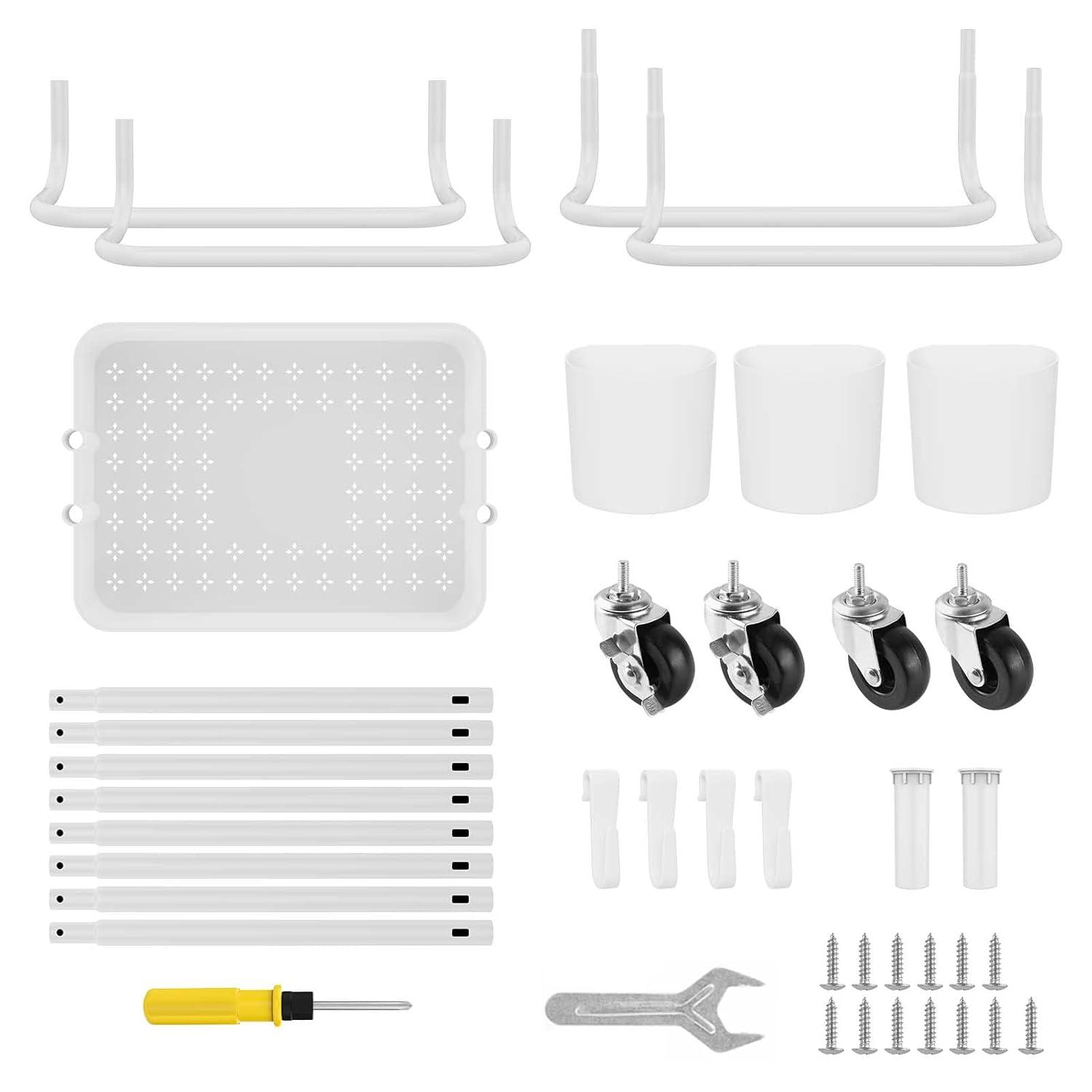 3-Tier Metal Rolling Cart Utility Cart Storage Cart with Lockable Wheels, 3 Hanging Cups & 4 Hooks for Office, Kitchen, White
