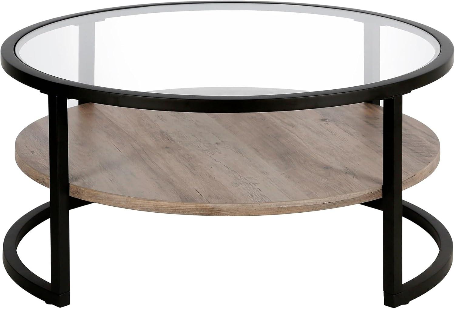 Evelyn&Zoe Winston 34.75" Wide Round Coffee Table, Blackened Bronze/Gray Oak