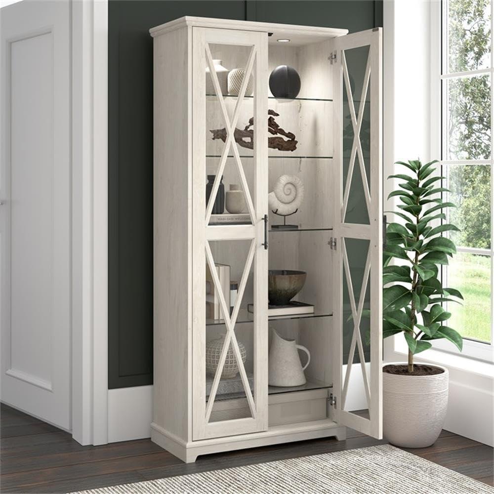 Bush Lennox Engineered Wood Curio Cabinet with Glass Doors in Linen White Oak