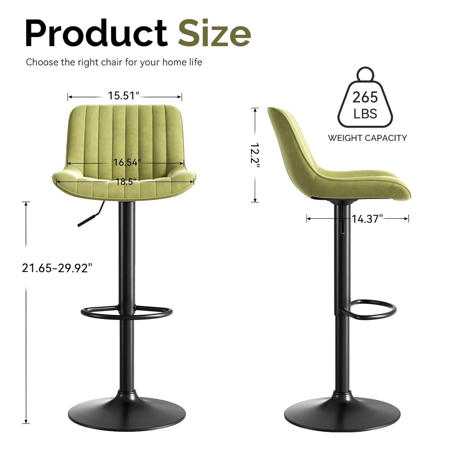 Hawsaiy Adjustable Bar Stools Set of 2, Swivel Counter Height Bar Chairs with Back, Modern Technical Fabric Barstools for Kitchen Island & Home, Green