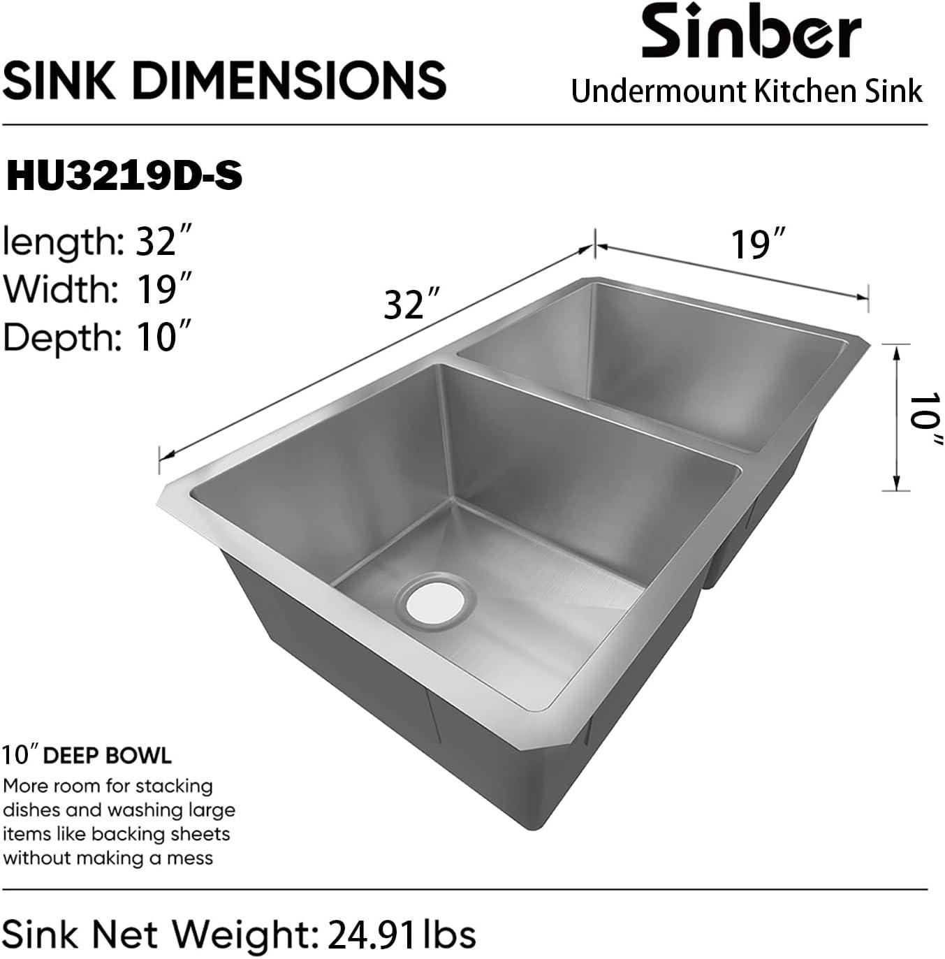 Sinber 32" x 19" Undermount Double Bowl Kitchen Sink with 18 Gauge 304 Stainless Steel Satin Finish