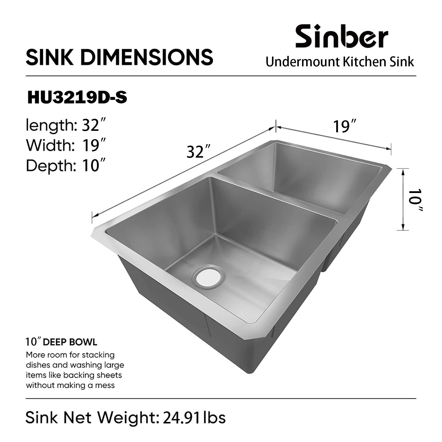 Sinber 32" x 19" Undermount Double Bowl Kitchen Sink with 18 Gauge 304 Stainless Steel Satin Finish
