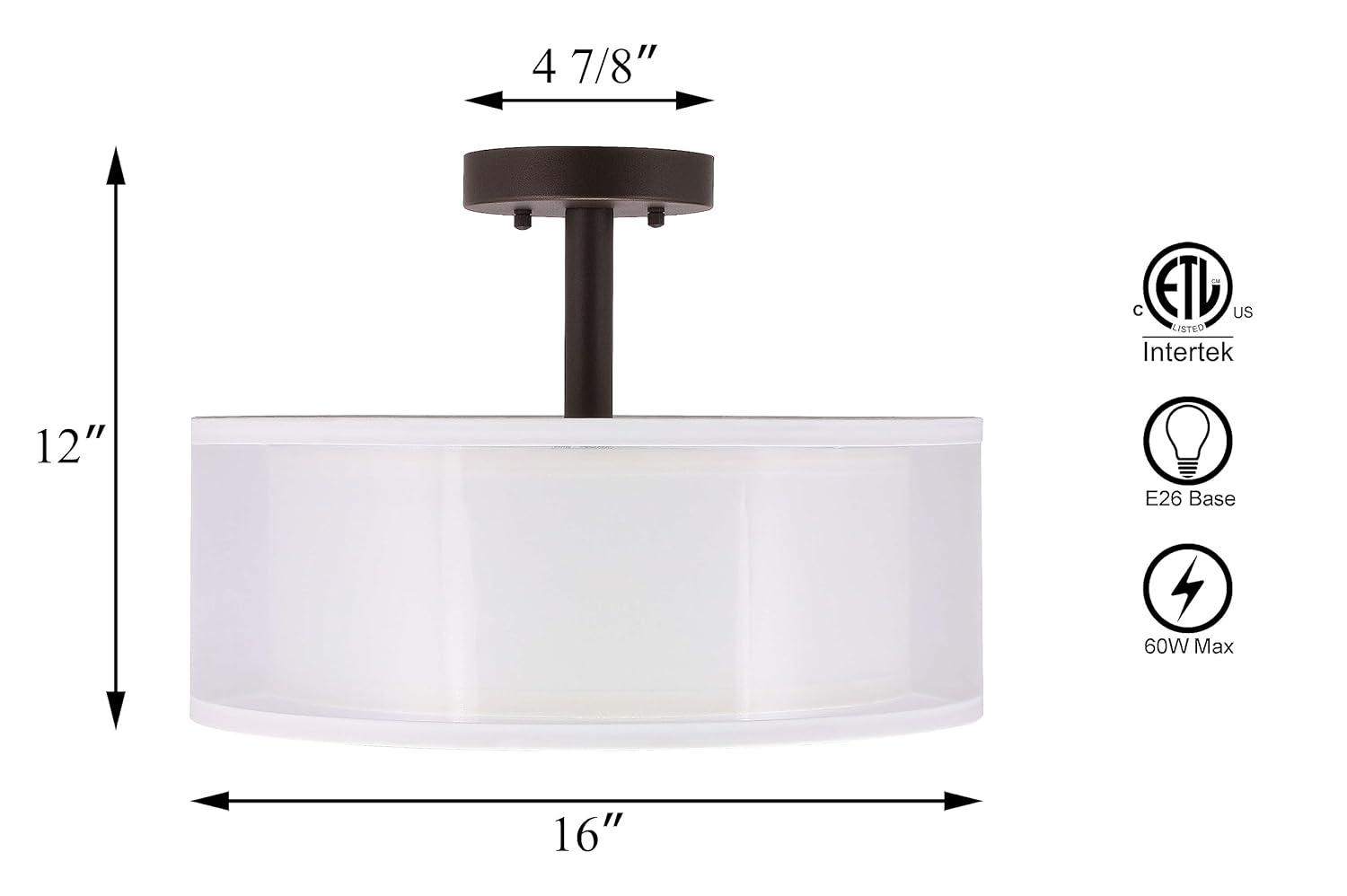 XiNBEi Lighting Semi Flush Mount Ceiling Light, 3 Light Drum Semi Flush Light, 16" Close to Ceiling Light with Fabric Shade in Dark Bronze for Living Room & Bedroom XB-SF1194-DB