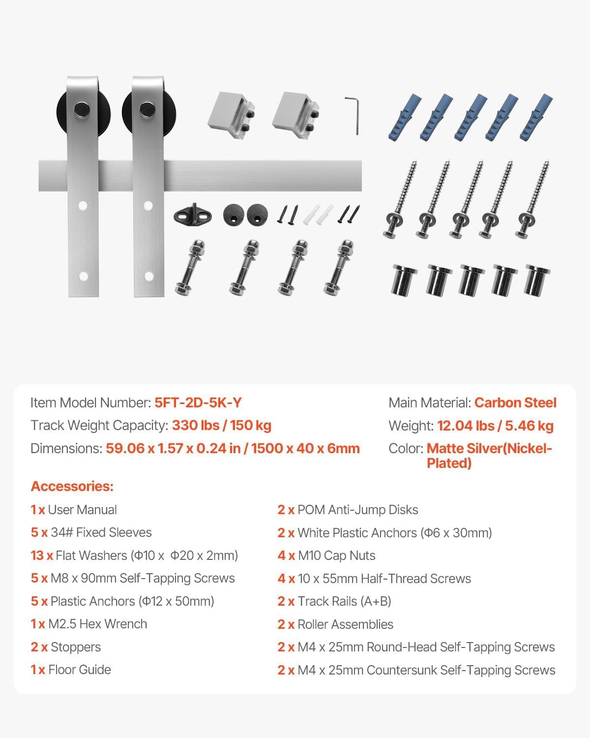 VEVOR Black Steel Single Door Barn Door Hardware Kit Standard Single