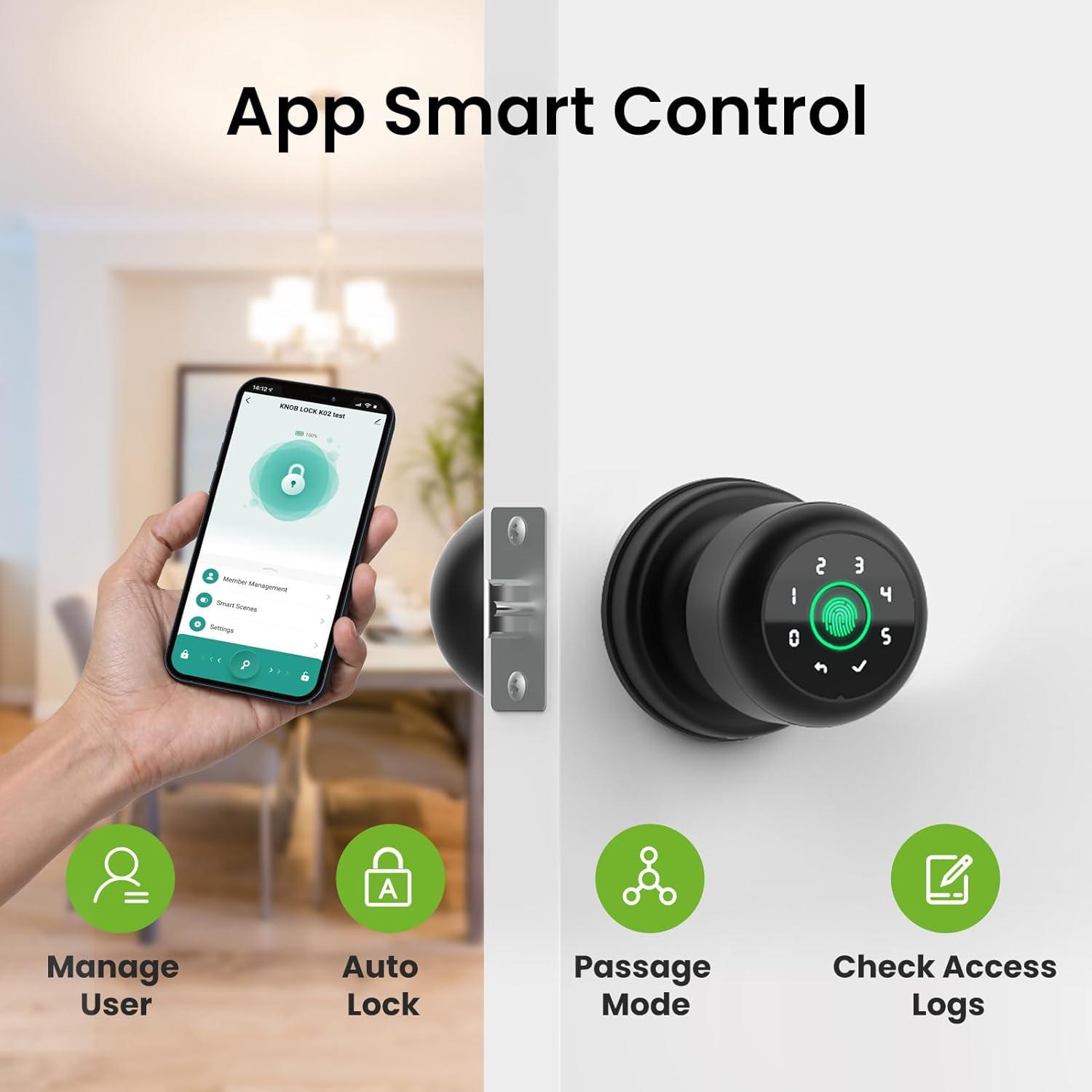 GHome 4 in 1 Smart Fingerprint Door Knob with Keypad Door Lock, Biometric Smart Door Knobs & App Control, Keyless Entry Door Lock Great for Home, Bedroom, Apartment Offices, Garages