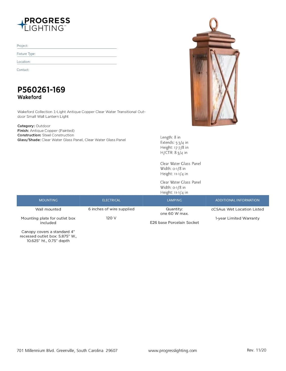 Wakeford Collection One-Light Antique Copper and Clear Water Glass Transitional Style Small Outdoor Wall Lantern