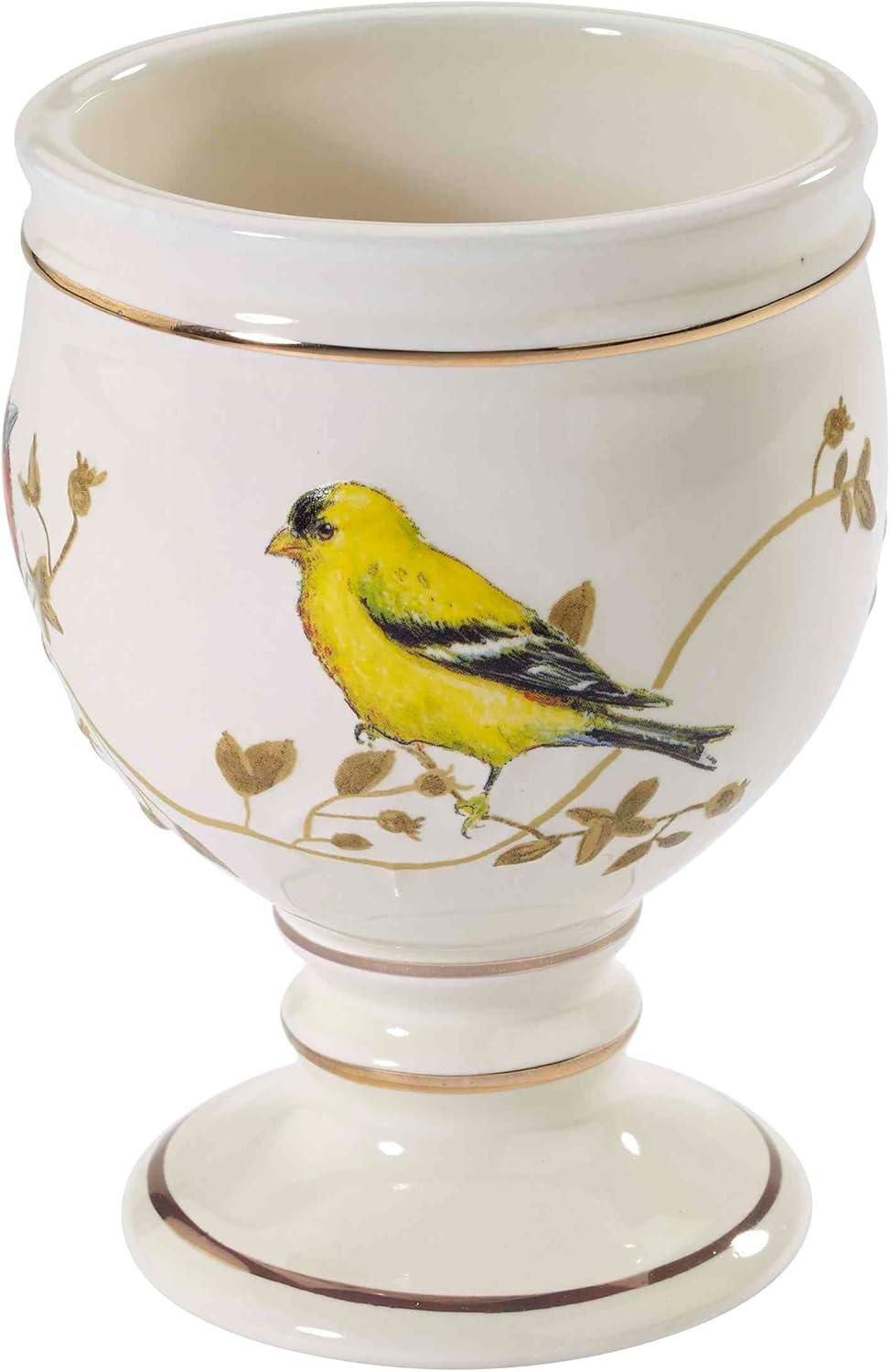 Ivory Ceramic Tumbler with Gold Trim and Bird Motif