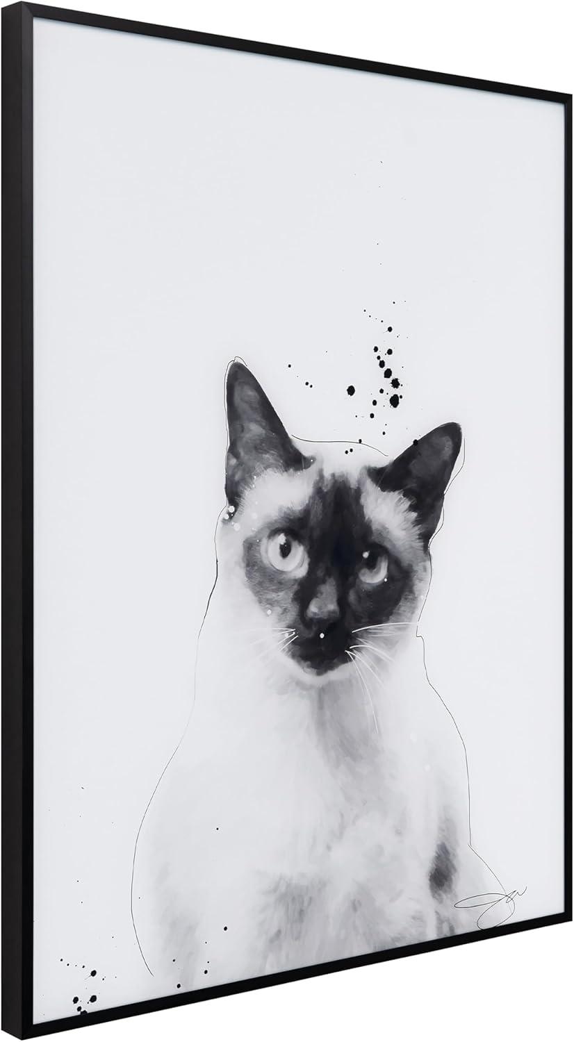 "Siamese" Black and White Pet Portraits on Reverse Printed Art Glass, Minimally Encased on Black Anodized Aluminum Frame