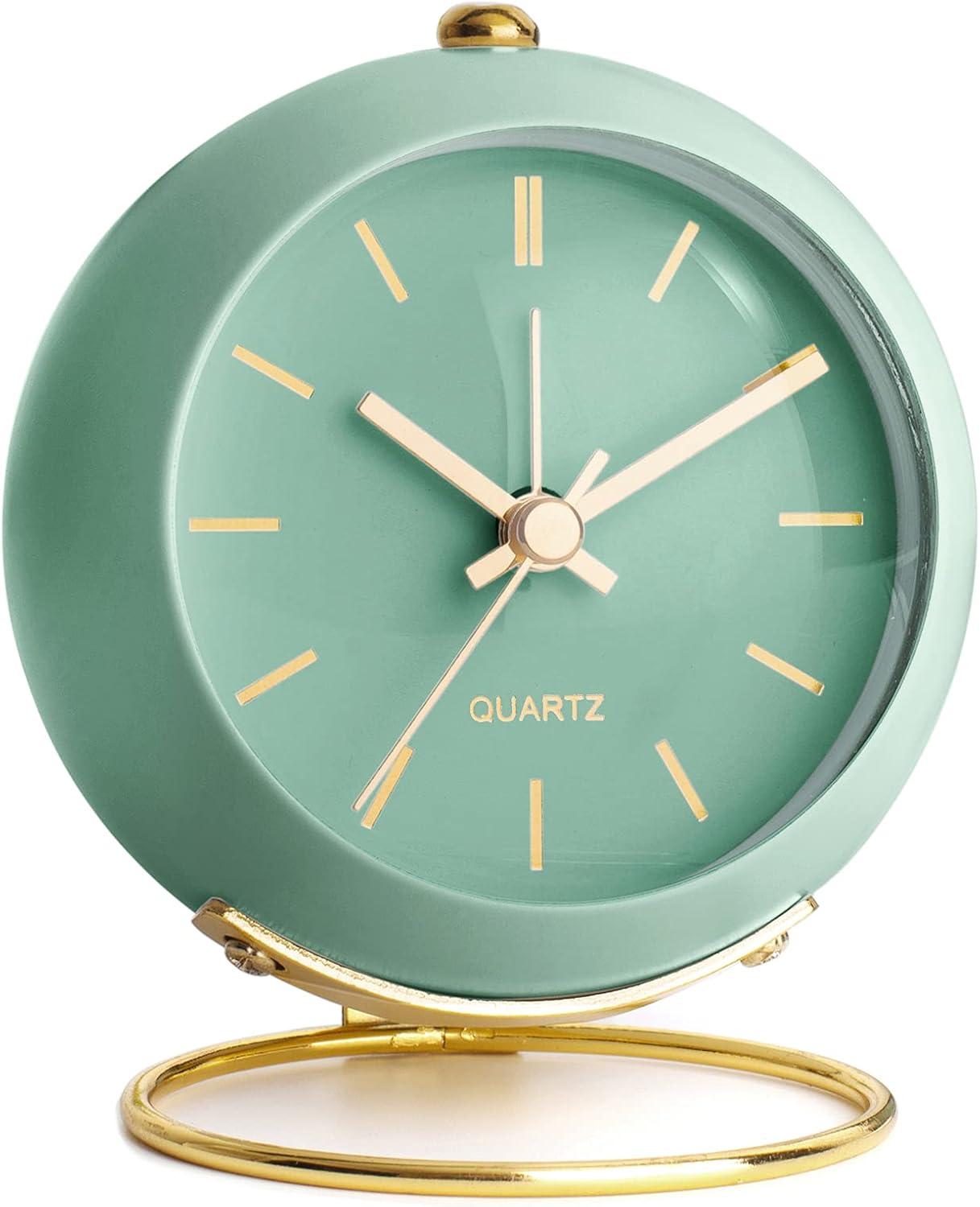 Green Retro Metal Silent Analog Tabletop Alarm Clock