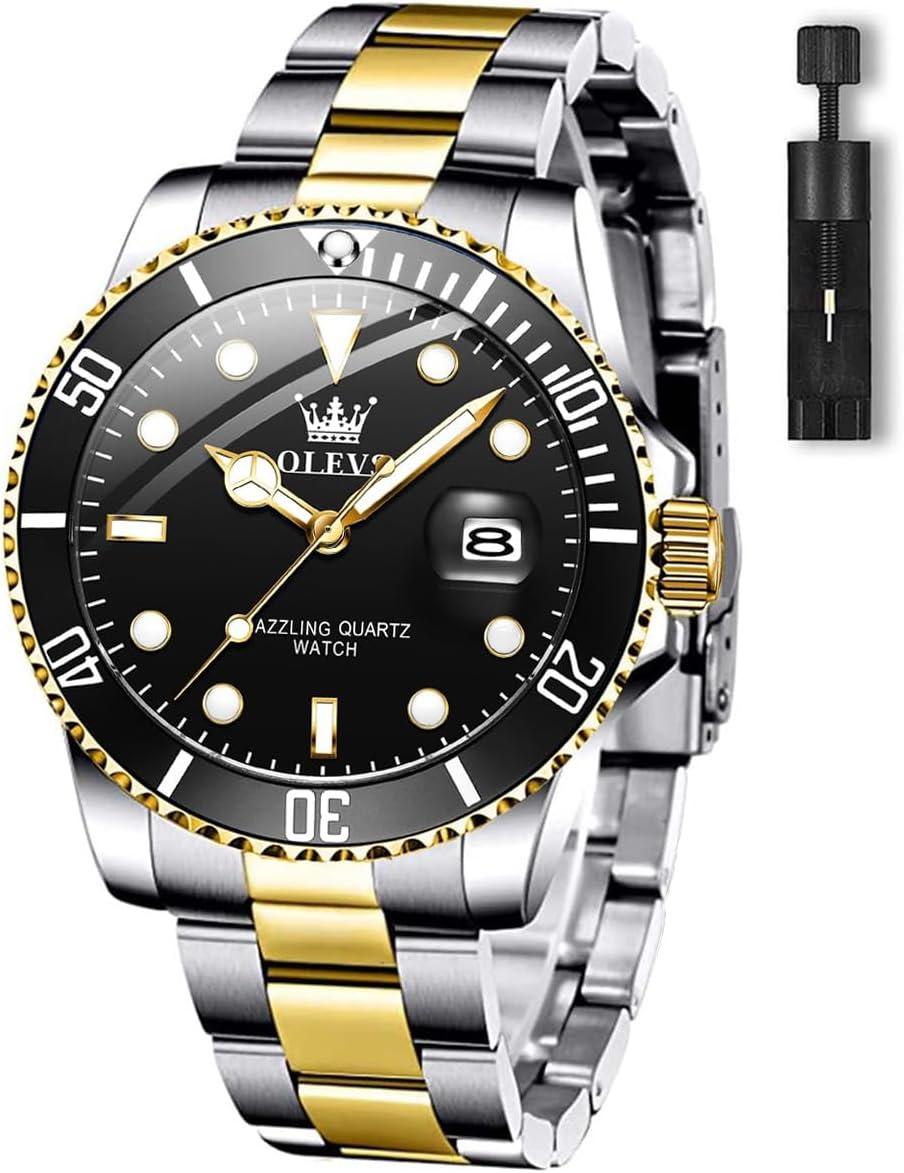 OLEVS Men Watch,Big Dial Watches for Men Stainless Steel Watch with Day Waterproof Analog Quartz Watches for Man Classic Business Wristwatch Luxury Luminous Round for Men Rotatable Bezel Watch